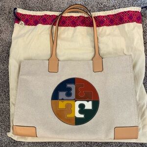 Tory Burch Tan Leather Tote Bag with Colorful Emblem